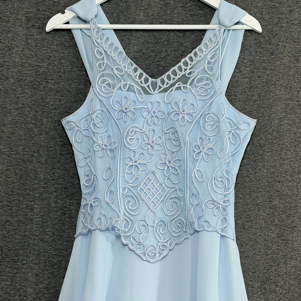 Vintage 90s Womens M Light Blue Soutache Embroidered Maxi Gown Coquette Romantic